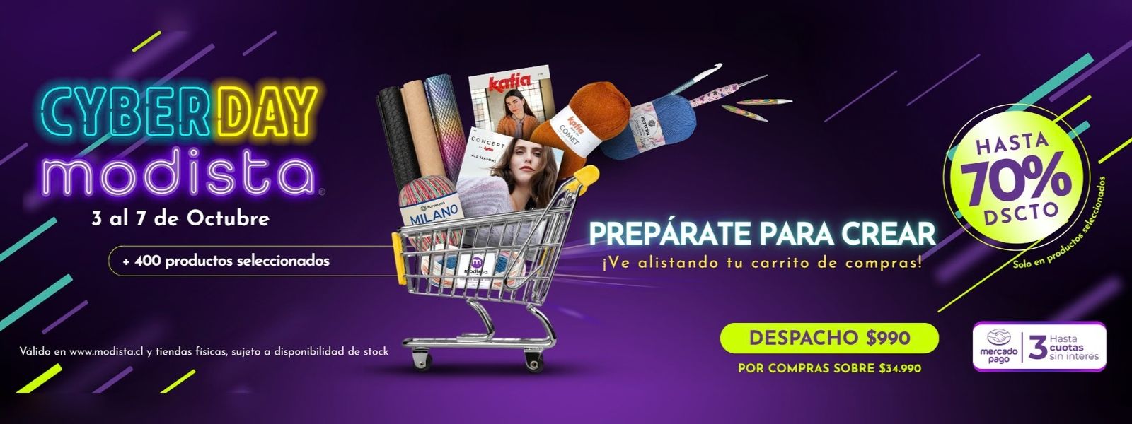 Banner del Cyber de Modista, del 3 al 7 de octubre: carrito con lanas y revistas de tejido, hasta 70% de descuento y despacho a $990.