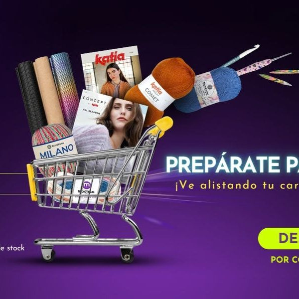 Banner del Cyber de Modista, del 3 al 7 de octubre: carrito con lanas y revistas de tejido, hasta 70% de descuento y despacho a $990.