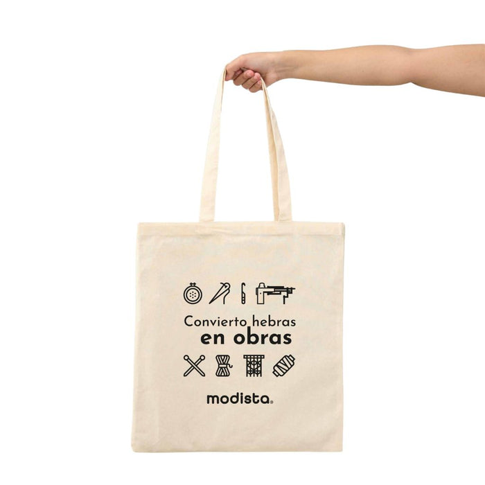 Bolsa de algodón blanca “Convierto hebras en obras”