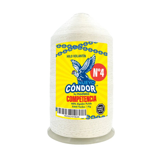 Hilo para volantín Modista Cóndor N°4 14/3 de algodón pulido blanco, 1 kg, mostrado en la imagen.