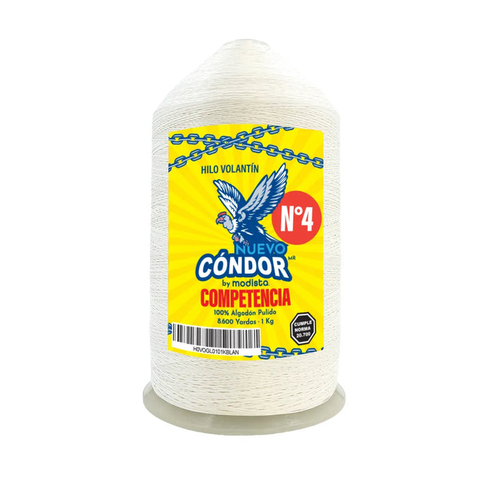 Hilo para volantín Modista Cóndor N°4 14/3 de algodón pulido blanco, 1 kg, mostrado en la imagen.