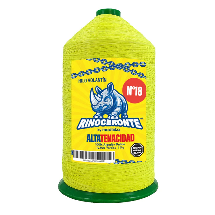 Hilo para volantín Rinoceronte N° 18 de Modista en color amarillo, cono de 1 kg, ideal para hacer volantines.