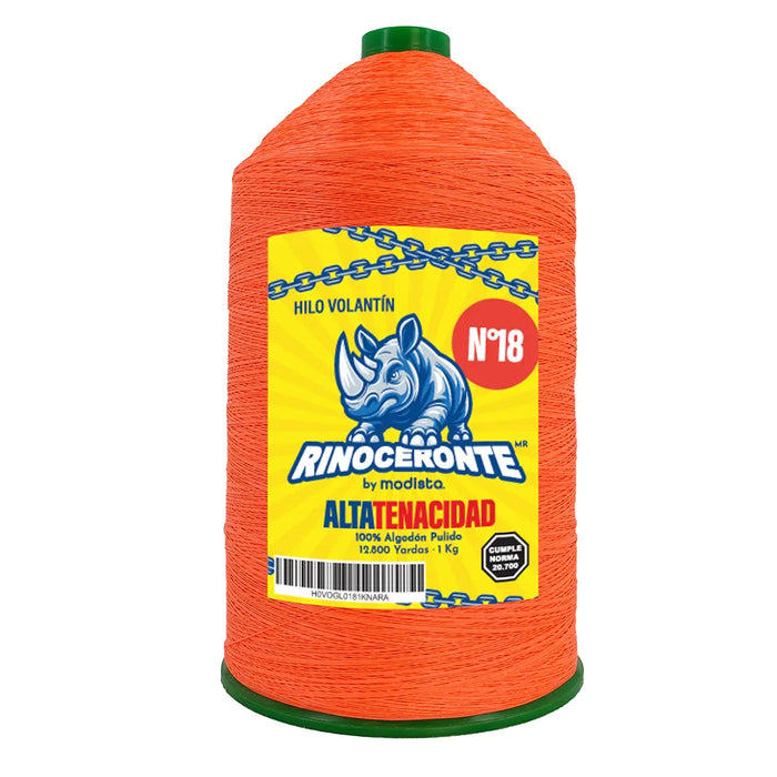 Hilo para volantín Rinoceronte N° 18 de la marca Modista en color naranja, en cono de 1 kg, ideal para volar y manualidades