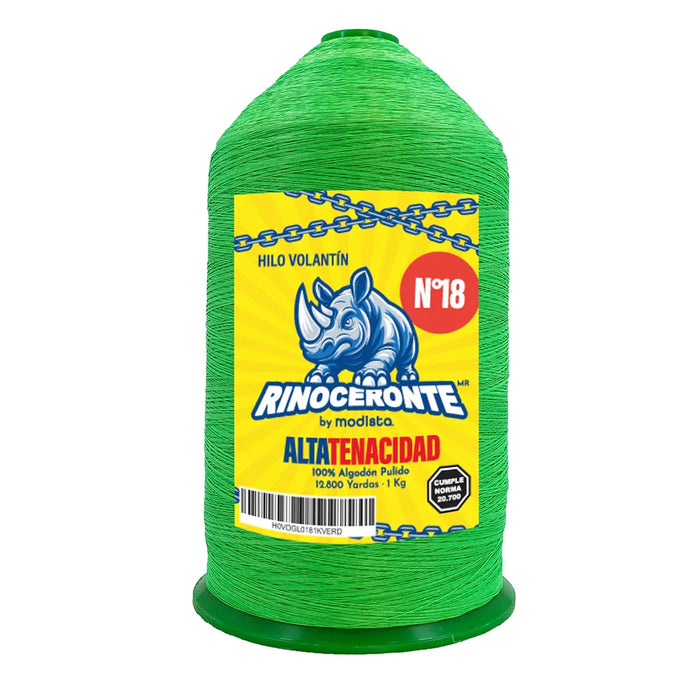 Hilo para volantín Rinoceronte N° 18 de la marca Modista en color verde, con cono de 1 kg y 4 colores disponibles.