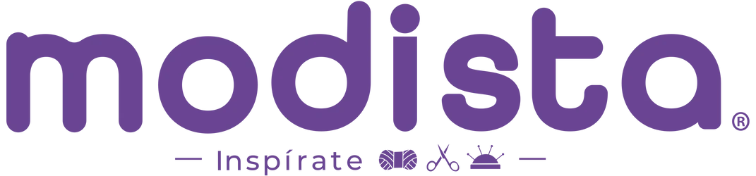Logotipo morado de Modista con el texto Inspírate y símbolos de lana, tijeras y costura.